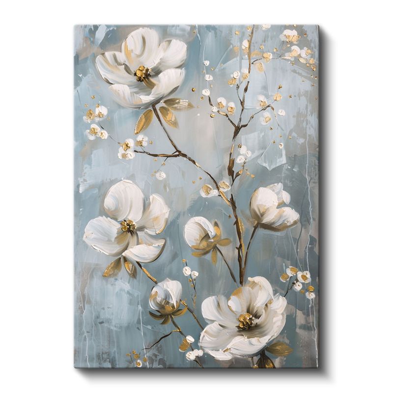 Beyaz Çiçekler - Mavi Fonda Altın Yapraklı Kanvas Tablo