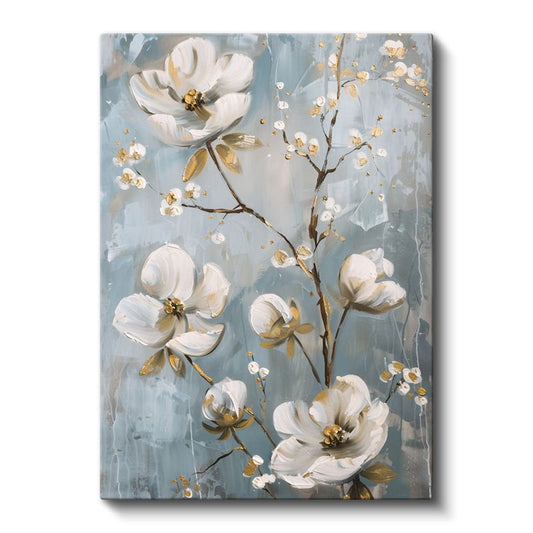 Beyaz Çiçekler - Mavi Fonda Altın Yapraklı Kanvas Tablo