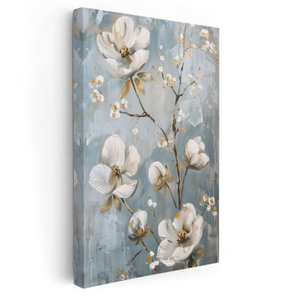 Beyaz Çiçekler - Mavi Fonda Altın Yapraklı Kanvas Tablo