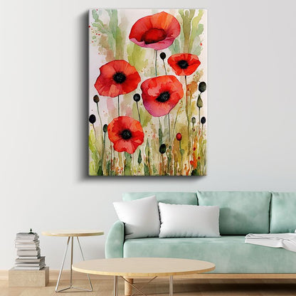 Kırmızı Gelincikler - Suluboya Çayır Manzarası Kanvas Tablo