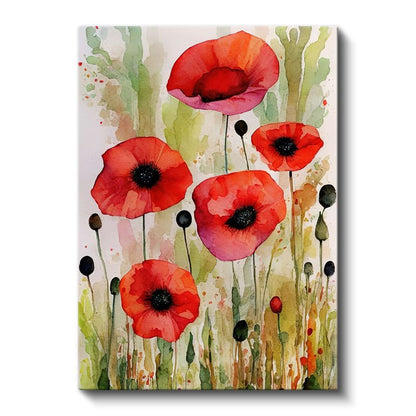 Kırmızı Gelincikler - Suluboya Çayır Manzarası Kanvas Tablo