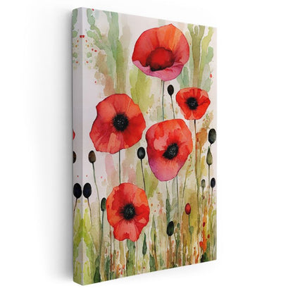 Kırmızı Gelincikler - Suluboya Çayır Manzarası Kanvas Tablo