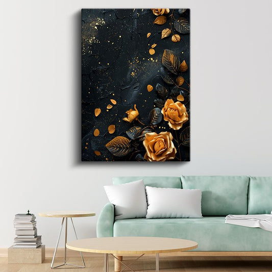 Altın Güller - Siyah Fonda Lüks Çiçek Deseni Kanvas Tablo