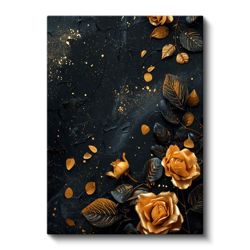 Altın Güller - Siyah Fonda Lüks Çiçek Deseni Kanvas Tablo