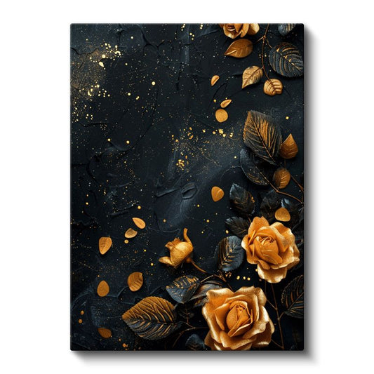 Altın Güller - Siyah Fonda Lüks Çiçek Deseni Kanvas Tablo
