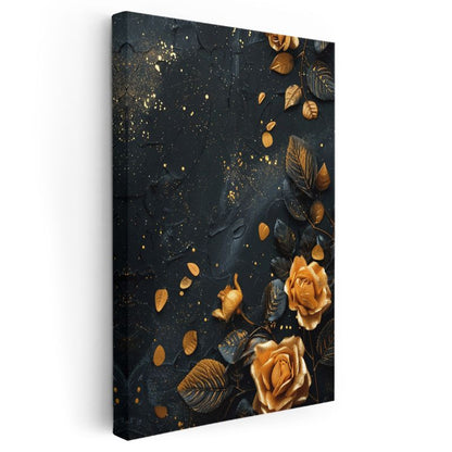 Altın Güller - Siyah Fonda Lüks Çiçek Deseni Kanvas Tablo