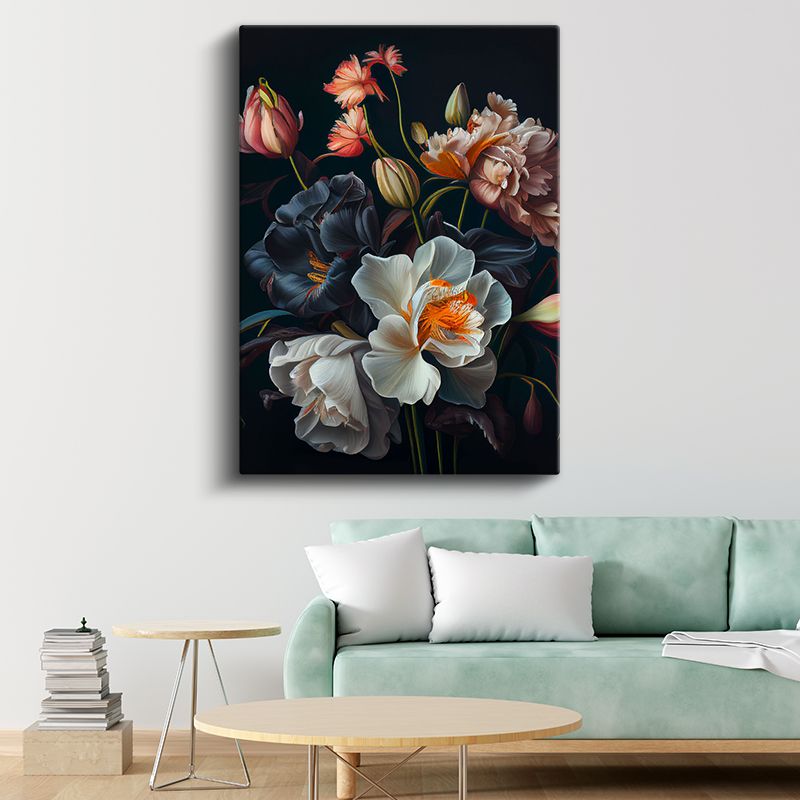 Barok Çiçek Buketi - Siyah Fonda Dramatik Çiçekler Kanvas Tablo