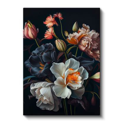 Barok Çiçek Buketi - Siyah Fonda Dramatik Çiçekler Kanvas Tablo