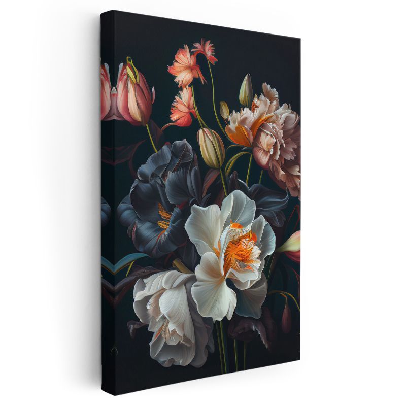 Barok Çiçek Buketi - Siyah Fonda Dramatik Çiçekler Kanvas Tablo