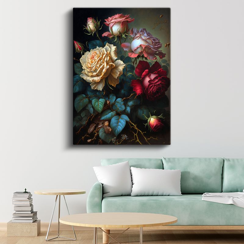 Klasik Gül Buketi - Siyah Fonda Romantik Çiçekler Kanvas Tablo
