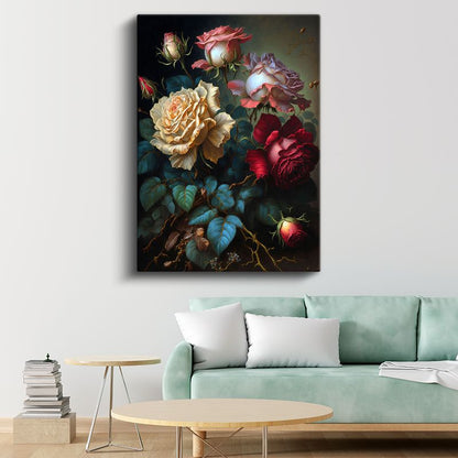 Klasik Gül Buketi - Siyah Fonda Romantik Çiçekler Kanvas Tablo