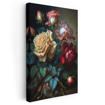 Klasik Gül Buketi - Siyah Fonda Romantik Çiçekler Kanvas Tablo