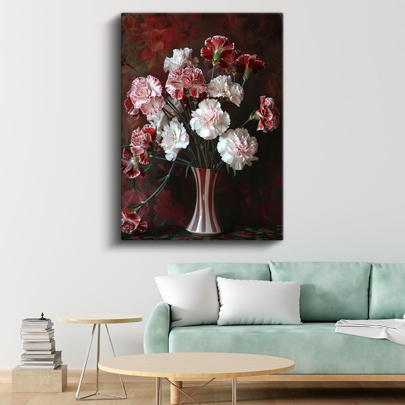 Karanfil Buketi - Kırmızı Beyaz Çizgili Vazoda Çiçekler Kanvas Tablo