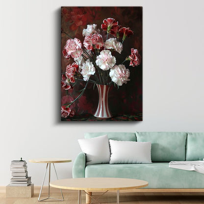 Karanfil Buketi - Kırmızı Beyaz Çizgili Vazoda Çiçekler Kanvas Tablo