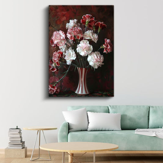 Karanfil Buketi - Kırmızı Beyaz Çizgili Vazoda Çiçekler Kanvas Tablo