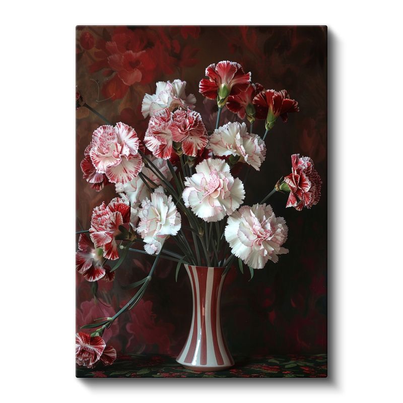Karanfil Buketi - Kırmızı Beyaz Çizgili Vazoda Çiçekler Kanvas Tablo
