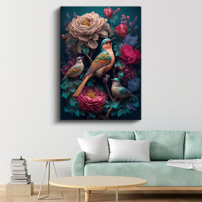 Kuşlar ve Çiçekler - Egzotik Bahçe Kompozisyonu Kanvas Tablo
