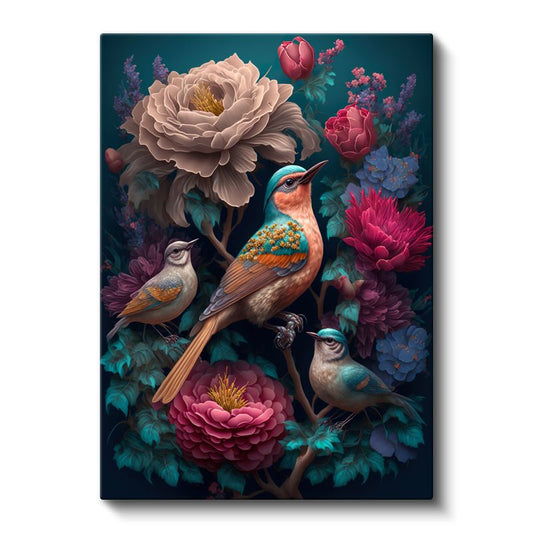 Kuşlar ve Çiçekler - Egzotik Bahçe Kompozisyonu Kanvas Tablo