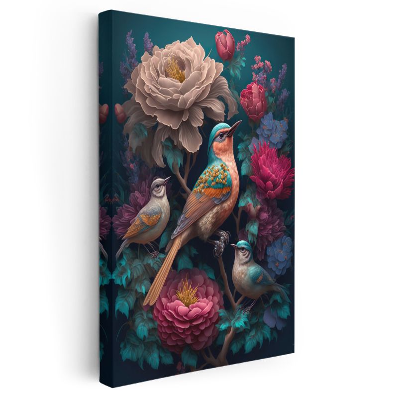 Kuşlar ve Çiçekler - Egzotik Bahçe Kompozisyonu Kanvas Tablo