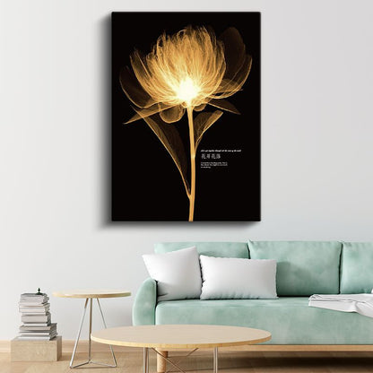 Altın Şakayık - Siyah Fonda Işıklı Çiçek Kanvas Tablo