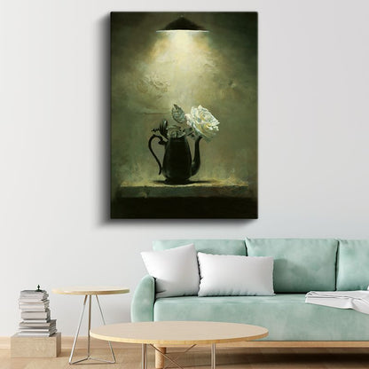 Demlikte Beyaz Gül - Vintage Çiçek Natürmortu Kanvas Tablo