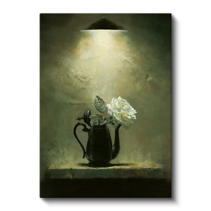 Demlikte Beyaz Gül - Vintage Çiçek Natürmortu Kanvas Tablo