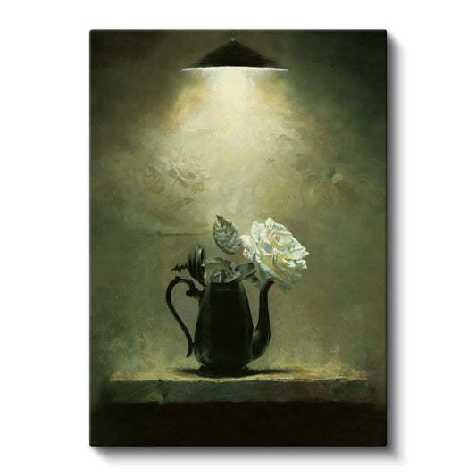 Demlikte Beyaz Gül - Vintage Çiçek Natürmortu Kanvas Tablo