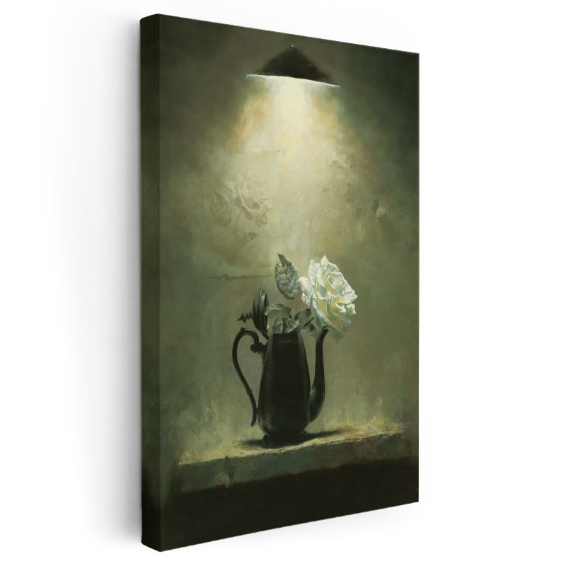 Demlikte Beyaz Gül - Vintage Çiçek Natürmortu Kanvas Tablo