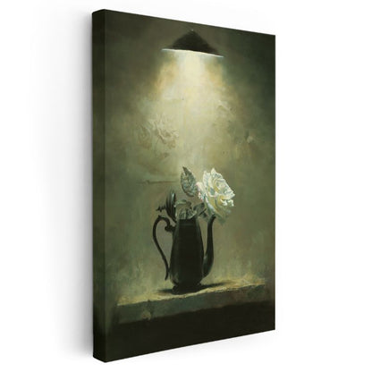 Demlikte Beyaz Gül - Vintage Çiçek Natürmortu Kanvas Tablo