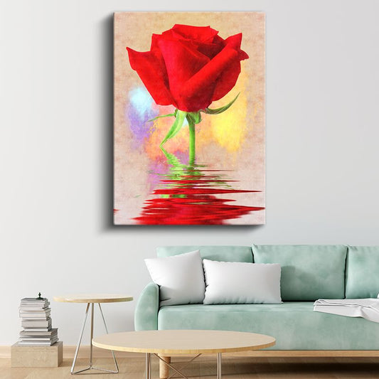 Kırmızı Gül Yansıması - Su Üzerinde Çiçek Kanvas Tablo