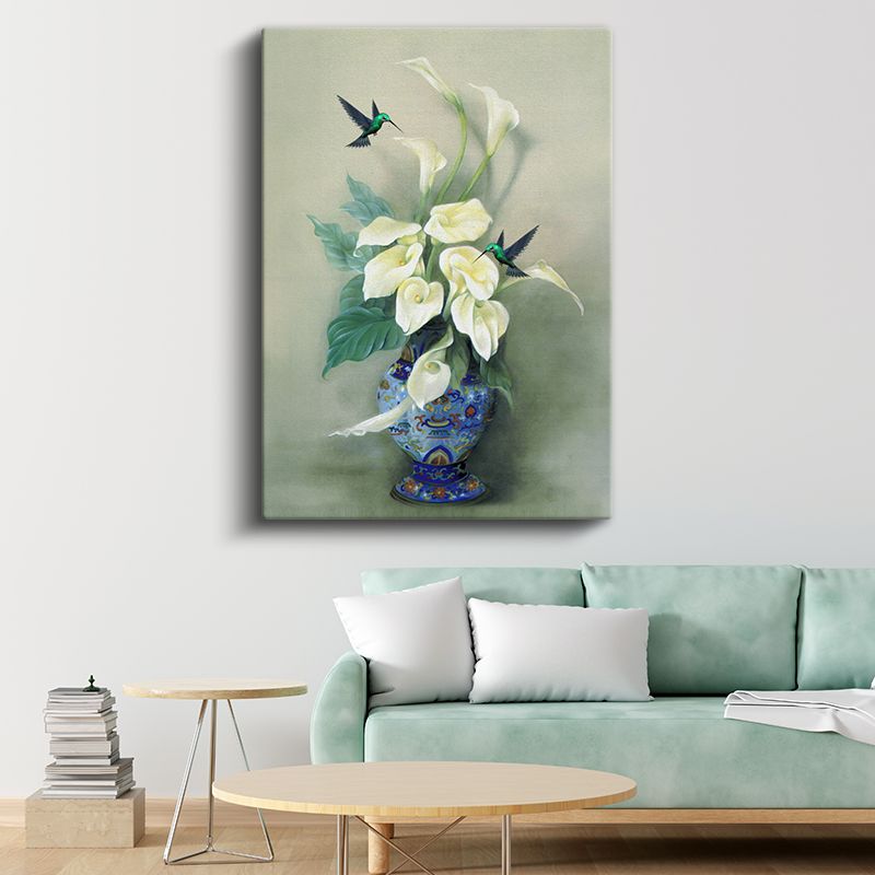 Zarif Kala Çiçekleri - Sinek Kuşları ile Beyaz Çiçek Buketi Kanvas Tablo