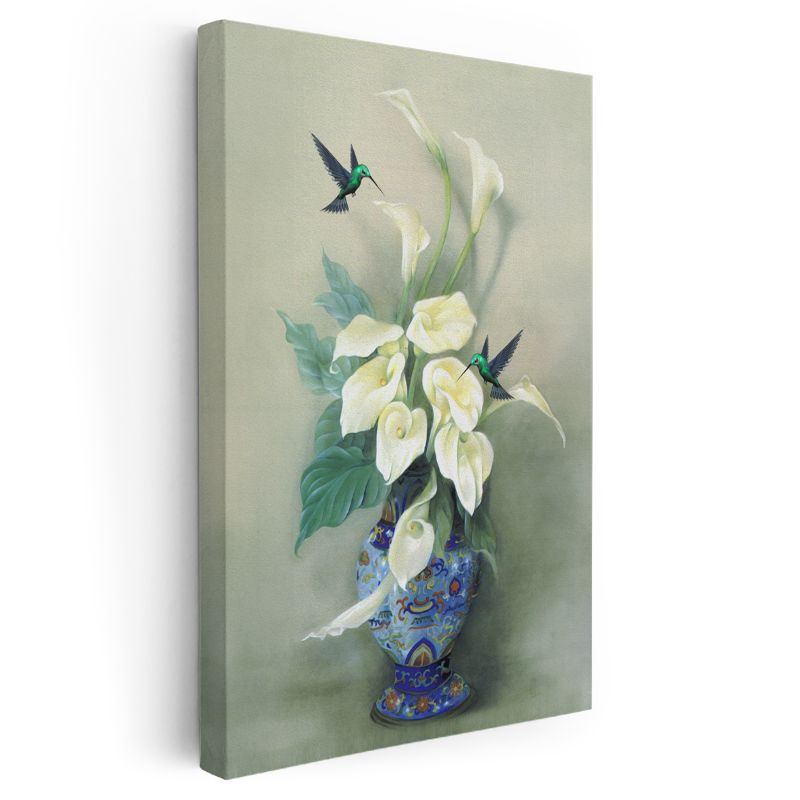 Zarif Kala Çiçekleri - Sinek Kuşları ile Beyaz Çiçek Buketi Kanvas Tablo