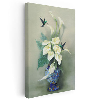 Zarif Kala Çiçekleri - Sinek Kuşları ile Beyaz Çiçek Buketi Kanvas Tablo