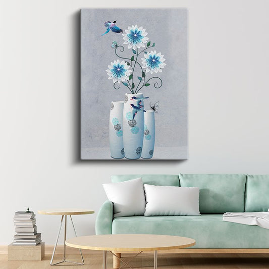 Mavi Çiçek Düşü - Kuşlar ve Çiçeklerle Modern Dekoratif Kanvas Tablo
