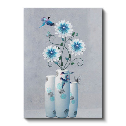 Mavi Çiçek Düşü - Kuşlar ve Çiçeklerle Modern Dekoratif Kanvas Tablo