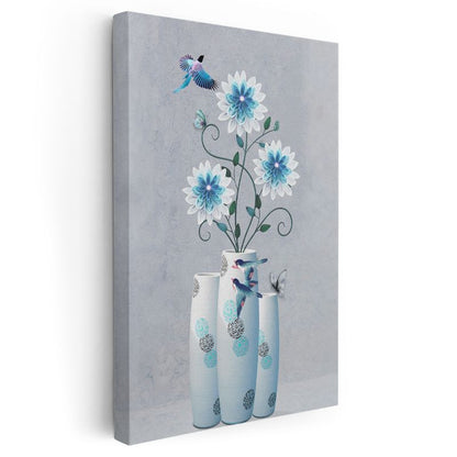 Mavi Çiçek Düşü - Kuşlar ve Çiçeklerle Modern Dekoratif Kanvas Tablo