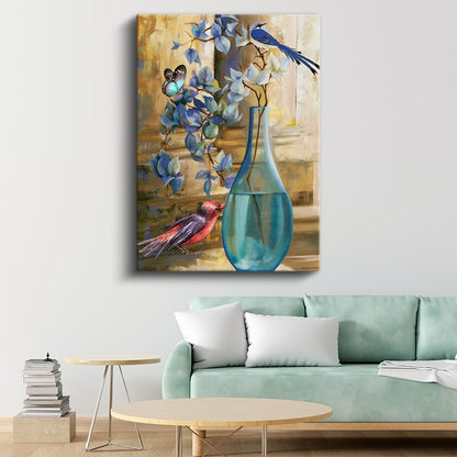 Mavi Orkide - Kuş ve Kelebek Detaylı Egzotik Çiçek Kanvas Tablo