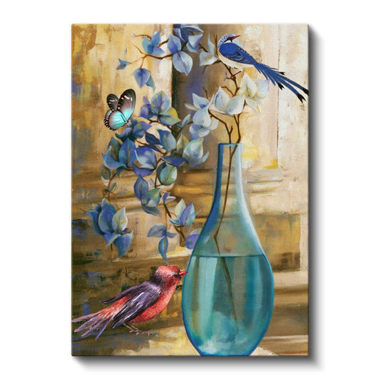 Mavi Orkide - Kuş ve Kelebek Detaylı Egzotik Çiçek Kanvas Tablo
