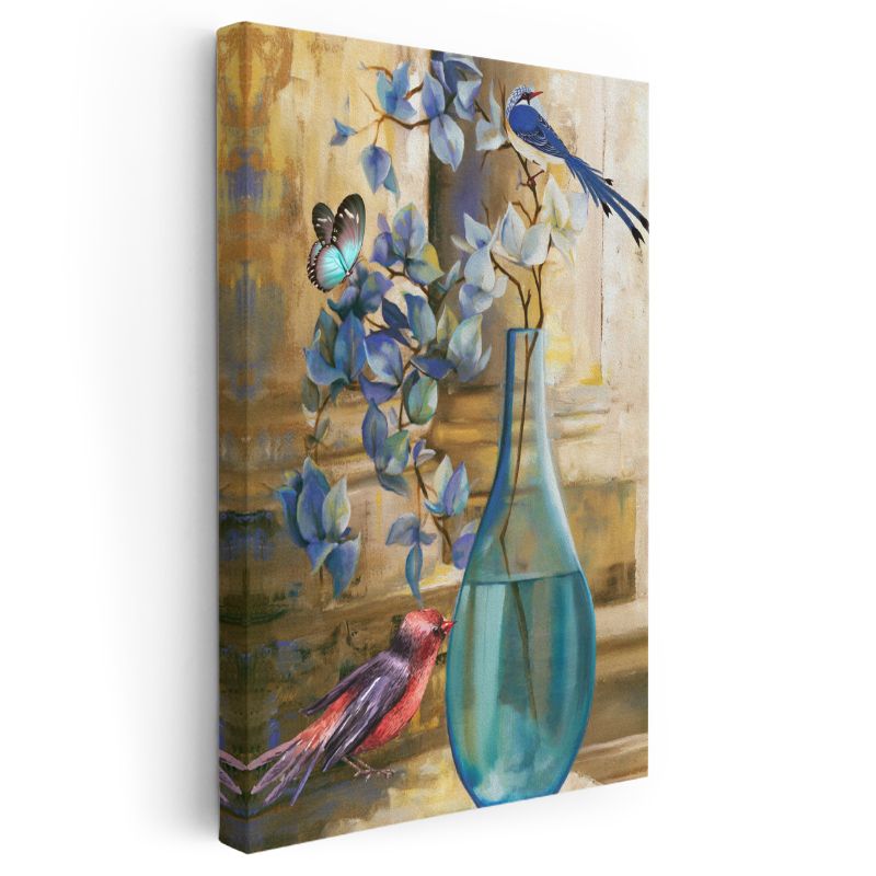 Mavi Orkide - Kuş ve Kelebek Detaylı Egzotik Çiçek Kanvas Tablo