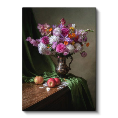 Klasik Çiçek Natürmortu - Bronz Vazoda Krizantem Buketi Kanvas Tablo