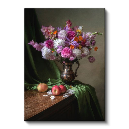 Klasik Çiçek Natürmortu - Bronz Vazoda Krizantem Buketi Kanvas Tablo