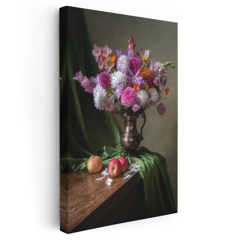 Klasik Çiçek Natürmortu - Bronz Vazoda Krizantem Buketi Kanvas Tablo