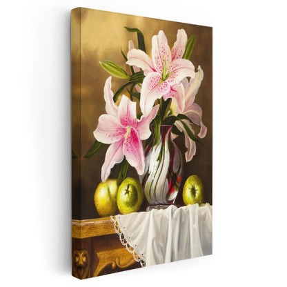 Pembe Lilyumlar - Yeşil Elmalarla Zarif Çiçek Kompozisyonu Kanvas Tablo