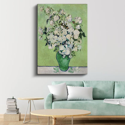Van Gogh Gülleri - Yeşil Vazoda Beyaz Çiçekler Kanvas Tablo