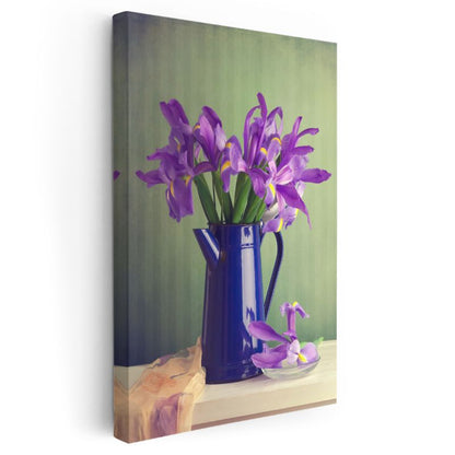 Mor İrisler - Mavi Vazoda Zarif Çiçek Aranjmanı Kanvas Tablo