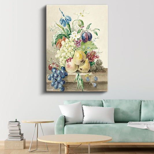 Klasik Meyve ve Çiçek - Suluboya Natürmort Kompozisyonu Kanvas Tablo