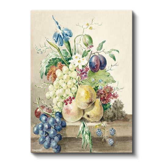 Klasik Meyve ve Çiçek - Suluboya Natürmort Kompozisyonu Kanvas Tablo