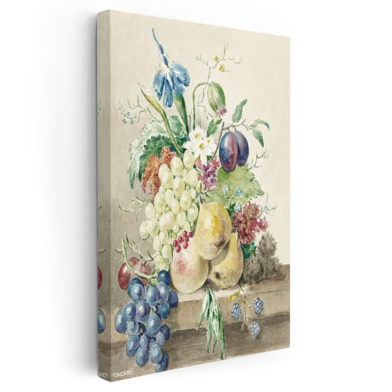 Klasik Meyve ve Çiçek - Suluboya Natürmort Kompozisyonu Kanvas Tablo