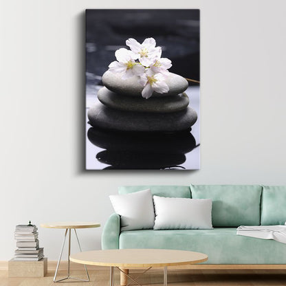 Zen Çiçekleri - Taşlar Üzerinde Kiraz Çiçekleri Kanvas Tablo