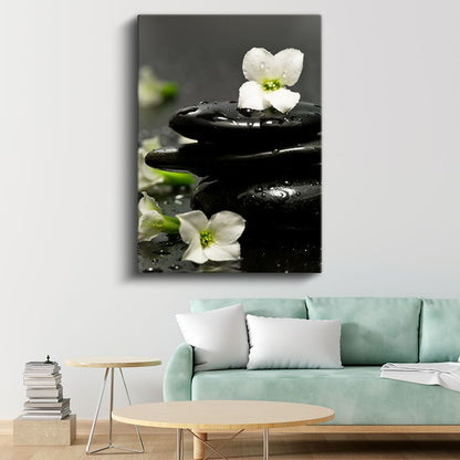 Spa Konsepti - Siyah Taşlar ve Beyaz Çiçekler Kanvas Tablo